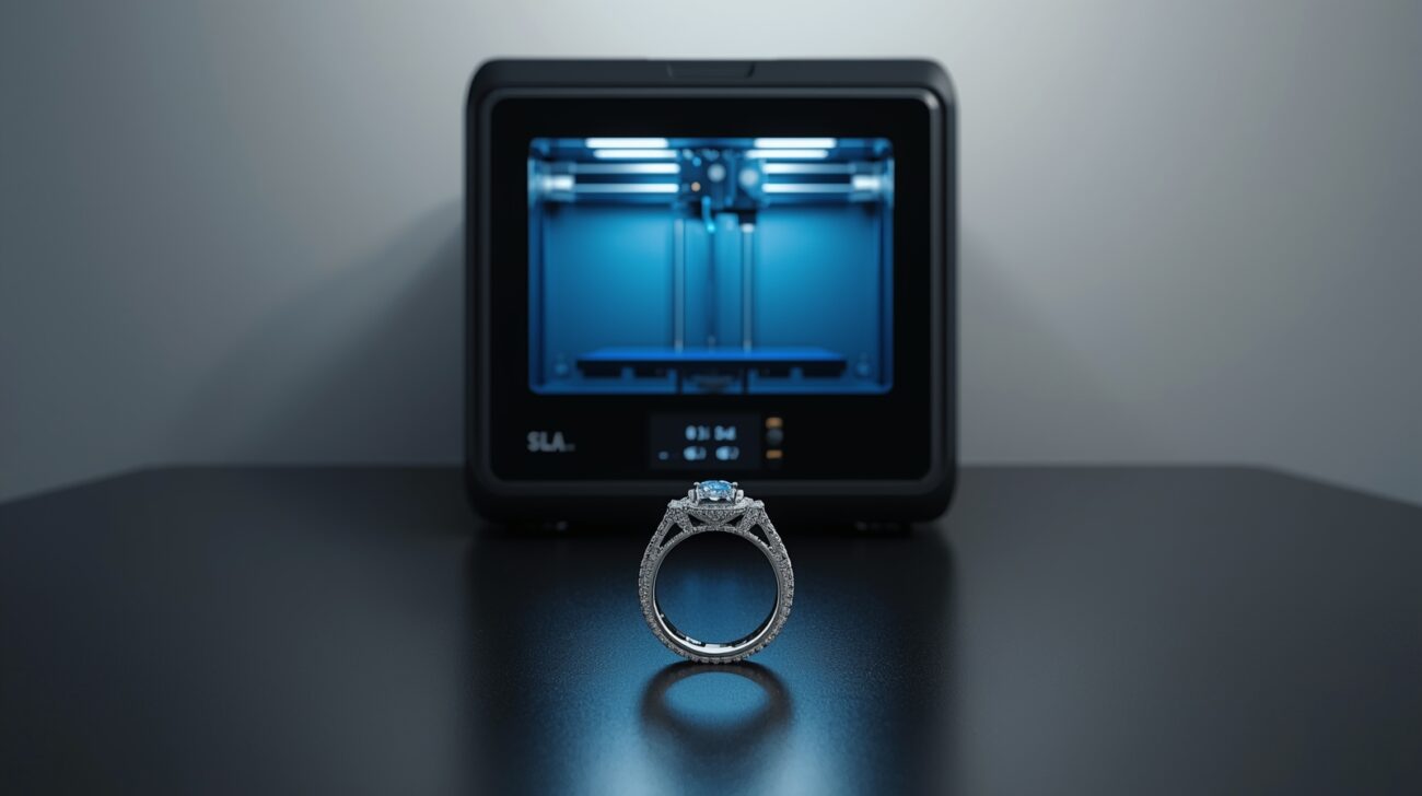 Lucid Origin A realistic studio scene showing an SLA 3D printe 1