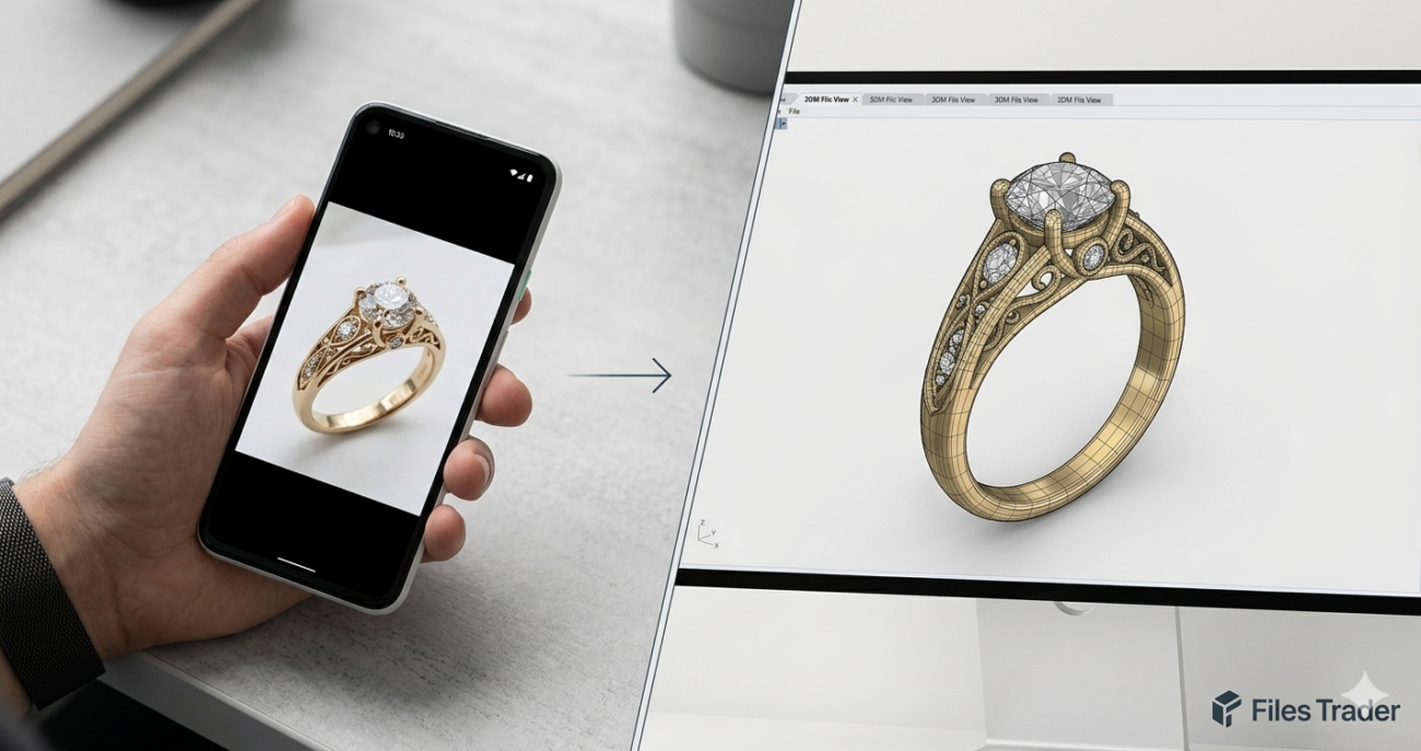 Customer sending a jewelry photo to Files Trader and receiving a custom 3DM